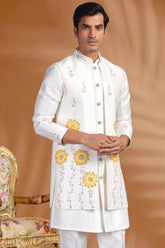 Pearl White Silk Floral Printed and Mirror Worked Jacket Kurta Set